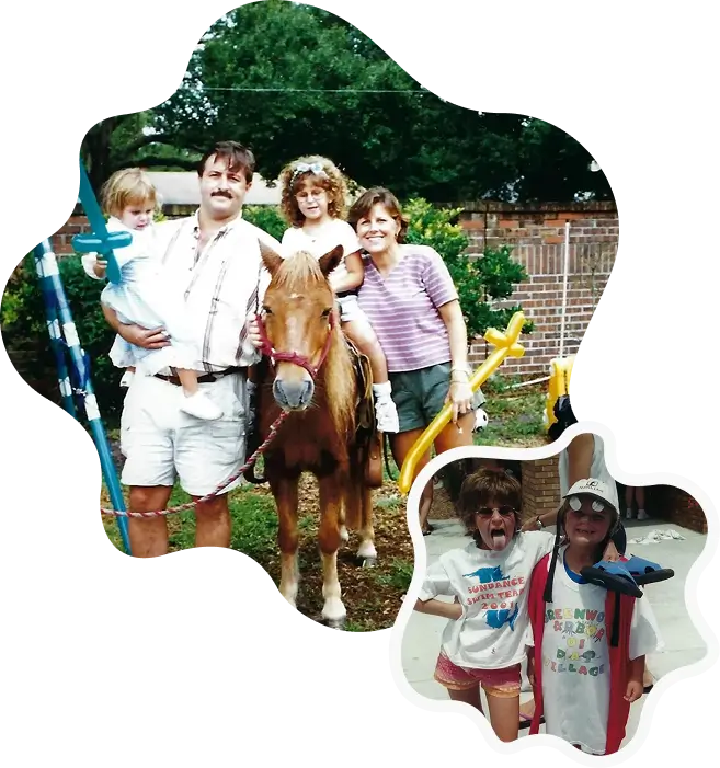 Family collage: pony ride and children in costumes